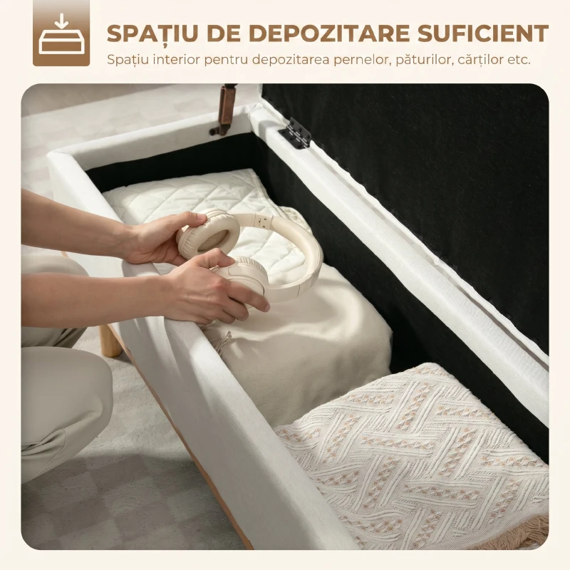 HOMCOM Bancă de Depozitare de 80L Tapițată cu Material Textil și Picioare din Lemn, 118x42x45 cm, Crem