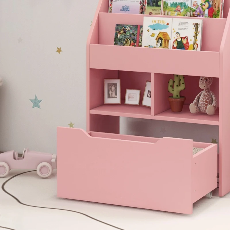 HOMCOM Estante de Madeira para Brinquedos com 3 Compartimentos 2 Prateleiras e Gaveta Móvel com 4 Rodas 60x29,9x90 cm Rosa