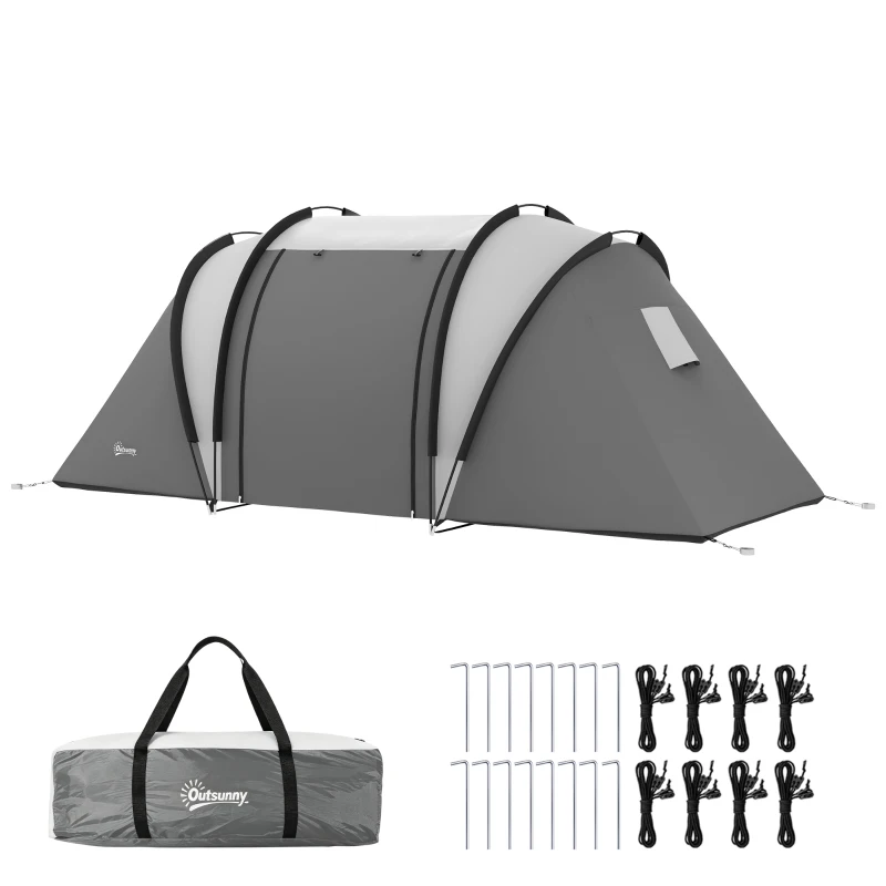 Outsunny Tenda de Campismo Familiar para 4-5 Pessoas Impermeável 3000 mm com 2 Quartos Bolsa de Transporte e Gancho 450x220x180 cm Cinzento