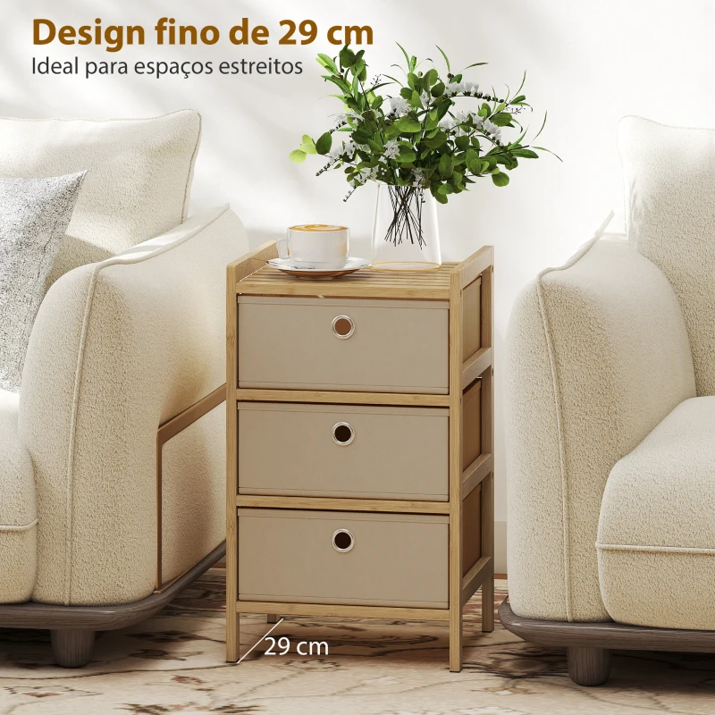 HOMCOM Cómoda de Bambu com 3 Gavetas de Tecido, Compacta para Espaços Pequenos, Creme e Madeira
