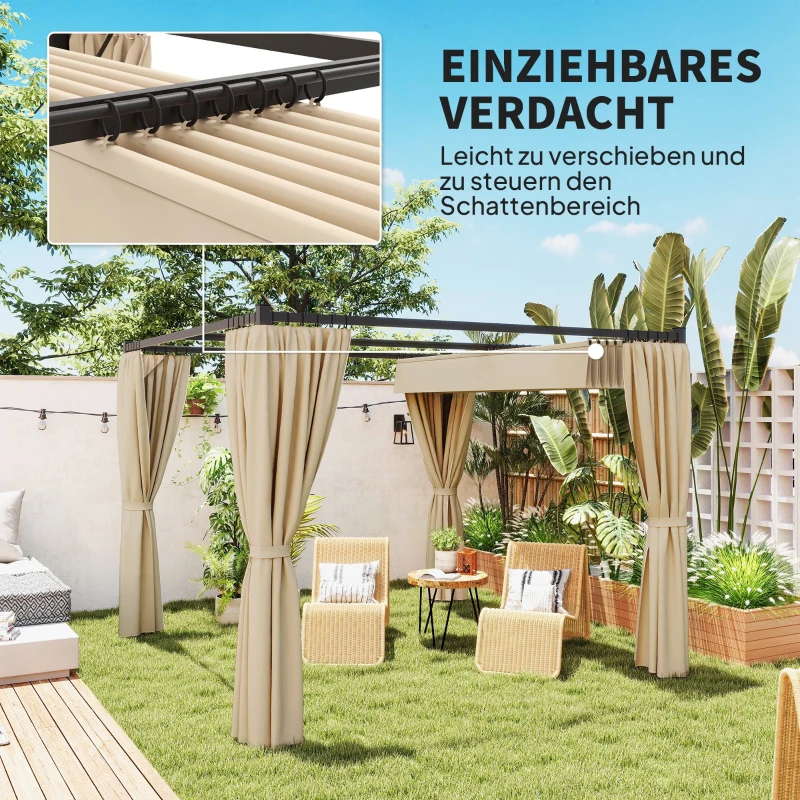 Outsunny Pergola 3 x 3 m Freistehend Terrassenüberdachung mit Schiebedach, 4 Seitenwände UV-beständig Beige