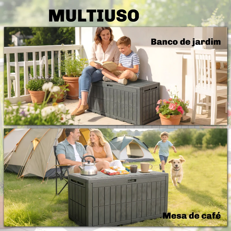 Outsunny Baú Exterior Capacidade 440L em Resina Resistente à Água e aos Raios UV com Tampa Bloqueável 133x62x65 cm Castanho
