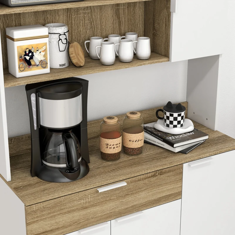 HOMCOM Armário de Cozinha Alto com 4 Portas, Prateleiras Ajustáveis, Gaveta e Compartimentos Abertos, 98x39x180 cm, Branco e Natural