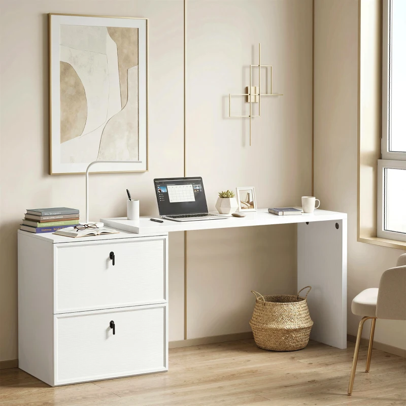 HOMCOM Secretária Reversível em Forma de L com 2 Gavetões Arquivadores, Design Moderno para Espaços Pequenos, Escritório Branco
