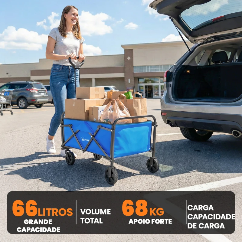 Outsunny Carrinho de Jardim Dobrável com Rodas Punho Ajustável Carga 68 kg para Camping Compras 81x45x89 cm Azul