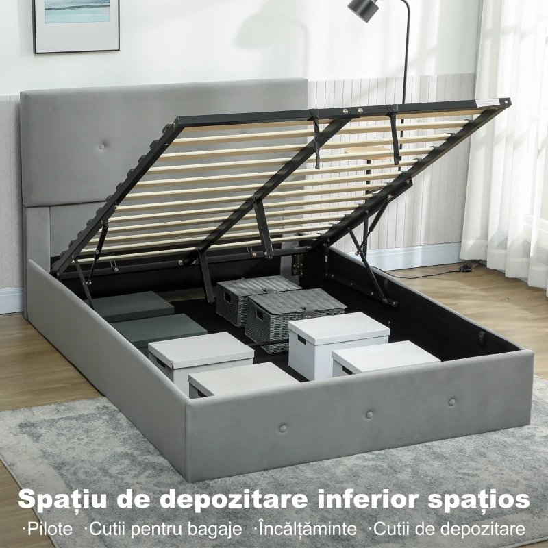 HOMCOM Cadru Pat Dublu 140x190 cm, Pat Dublu cu Spațiu de Depozitare, Tăblie Capitonață în Material Catifelat, Piston pe Gaz, Șipci din Lemn, Silențios, Montaj Ușor, Gri