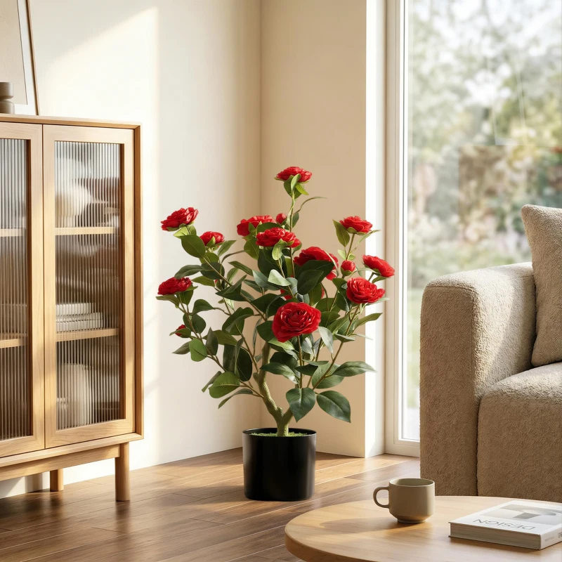 HOMCOM Planta Artificial de Camélia 65 cm com Flores Realistas de Seda 116 Folhas e Efeito de Musgo Vermelho