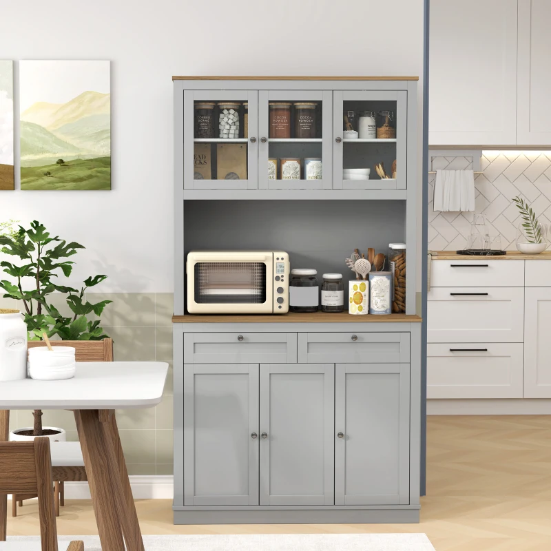 HOMCOM Armário de Cozinha com 3 Portas de Vidro Compartimento Aberto 2 Gavetas e Prateleiras Ajustáveis 100x40x180 cm Cinzento