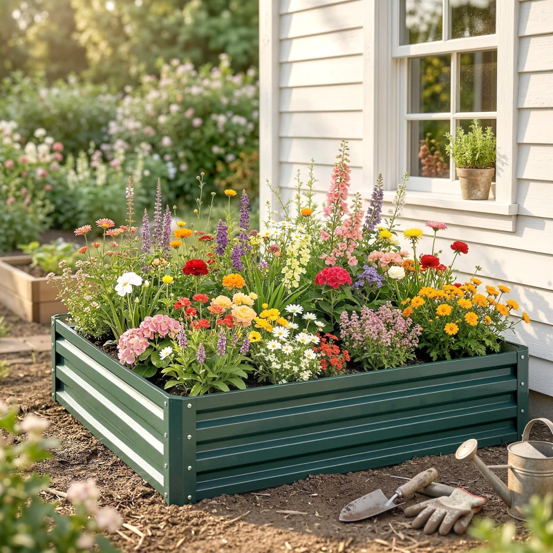 Outsunny Caixa de Cultivo de Exterior Grande e Retangular de Aço Galvanizado para Cultivar  com Base Aberta 120x120x30 cm Verde
