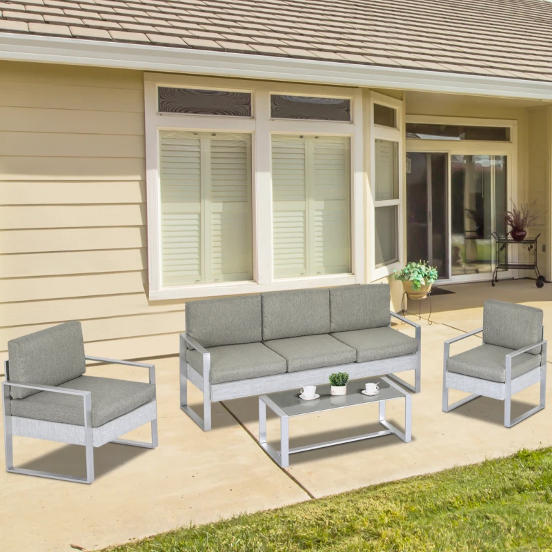 Outsunny Gartenmöbel Sofa Set für 5 Personen mit Alu. Teetisch mit gehärtetem Glas Grau