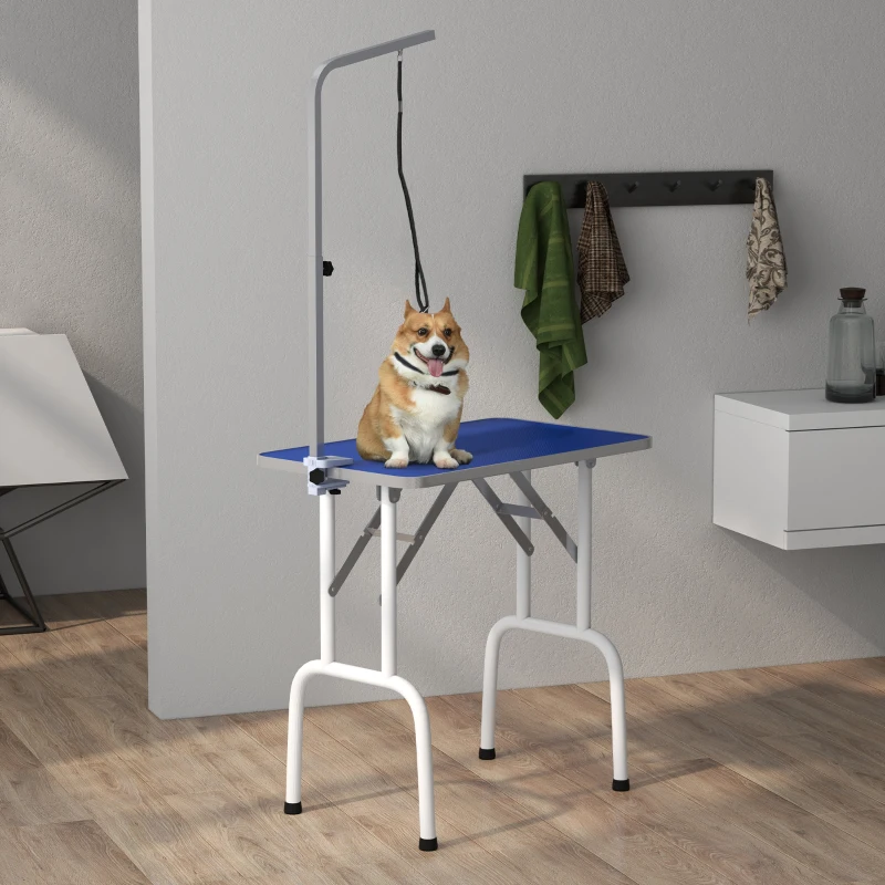 PawHut Mesa de Tosquia para Cães Dobrável com Braço Ajustável entre  60-104 cm e Bancada de Borracha Antiderrapante 81x48,5x80 cm Azul