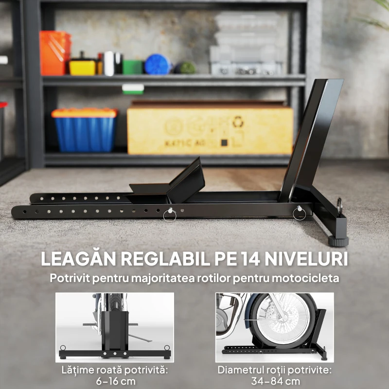 HOMCOM Suport Blocare Roată pentru Motocicletă, Suport Reglabil pe 14 Niveluri pentru Roți Ø34-84 cm, Negru