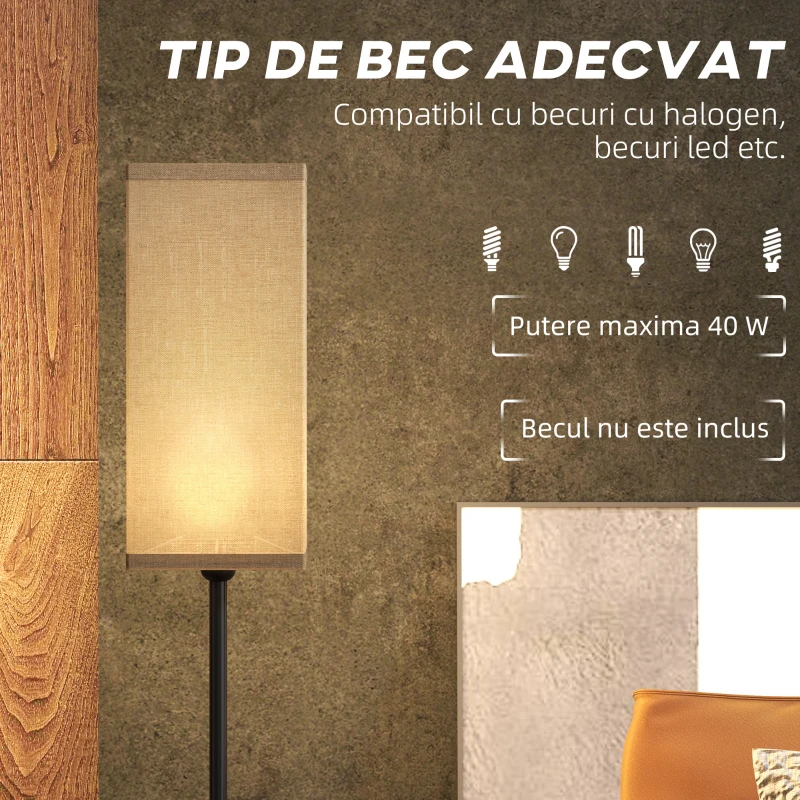 HOMCOM Lampă de podea 40W cu întrerupător cu pedală, din material textil cu efect de in și metal, Ø25x161.5 cm, negru și bej