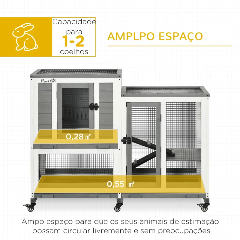 PawHut Coelheira de Madeira Interior Gaiola para Coelhos de 2 Níveis com Rodas 2 Rampas 3 Bandejas Amovíveis 110x50x86 cm Cinza