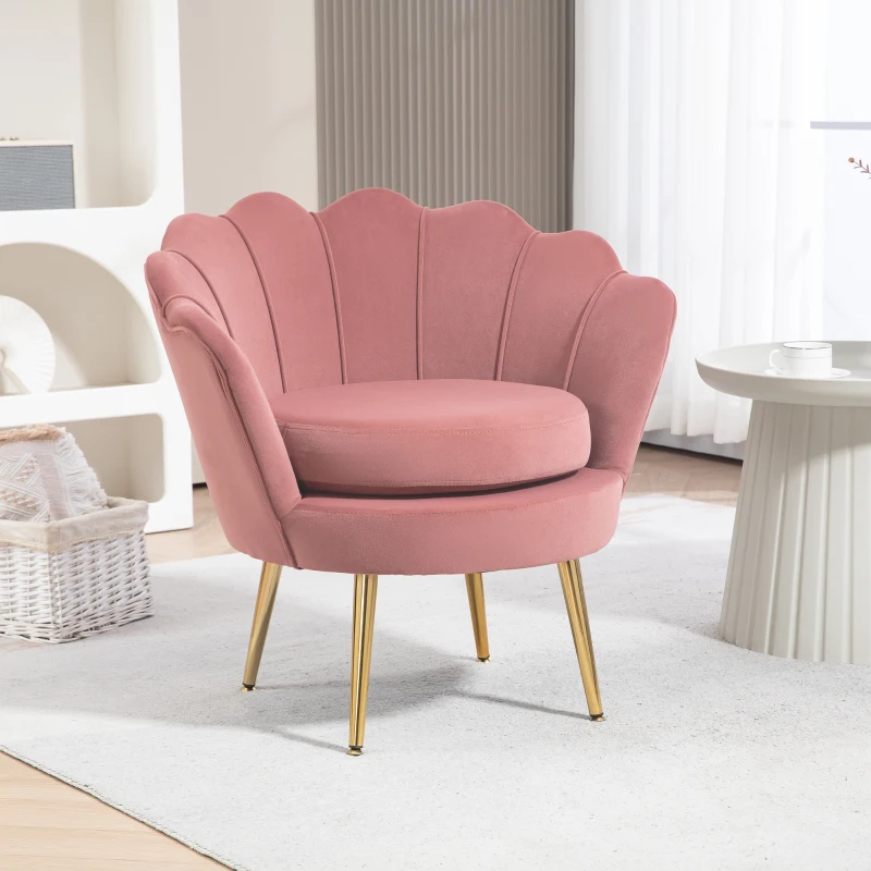 HOMCOM Poltrona de Sala Estofada em Veludo com Encosto em Forma de Concha e Pernas Douradas 76x67x74 cm Rosa