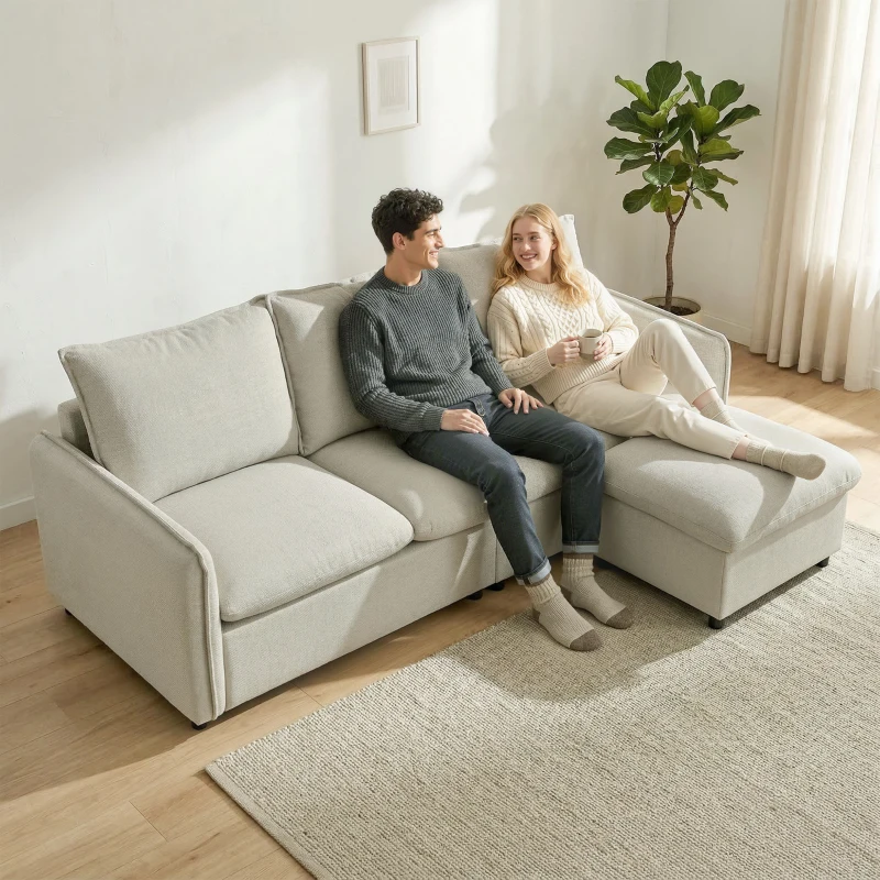 HOMCOM Canapé 3 places avec pouf de rangement, canapé d'angle modulable 212 cm, coussins à ressorts, tissu en lin, crème
