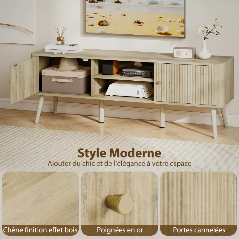 HOMCOM Meuble TV, meuble télé jusqu'à 65 pouces avec 2 portes, 2 compartiments ouverts, étagère réglable, 140x35x49cm, chêne