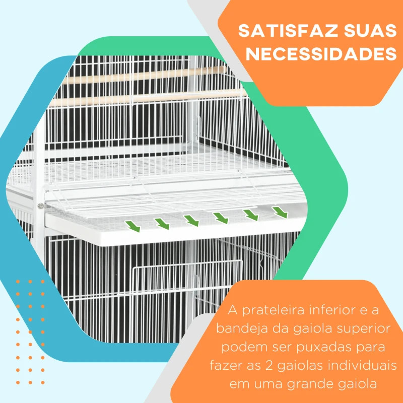 PawHut Gaiola para Pássaros 2 em 1 com 2 Andares Rodas 4 Comedouros 4 Poleiros e Bandejas Amovíveis  78x75x168 cm Branco