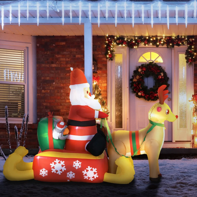 HOMCOM Aufblasbare Weihnachtsdeko, Weihnachtsmann mit Schlitten und Rentier, mit LED-Lichtern, für den Garten