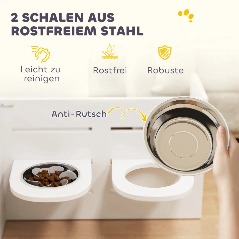 PawHut Hundefutternapf-Gestell, verstellbare Futternäpfe mit separatem Design, 2 Edelstahlschüsseln, Anti-Schling-Matte, Weiß