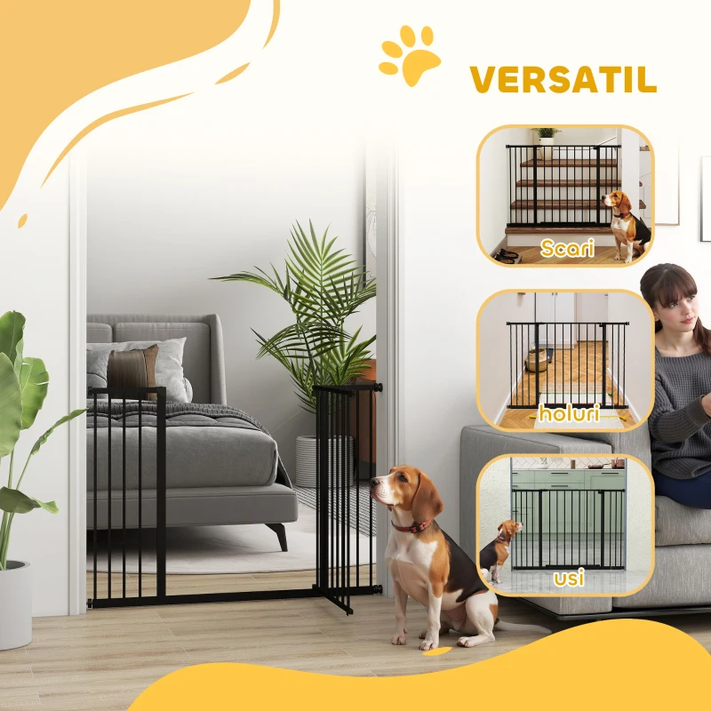 PawHut Poartă pentru câini extensibilă până la 147 cm cu șuruburi și deschidere largă, din metal și plastic, 76A cm, negru