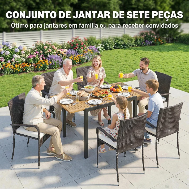 Outsunny Conjunto de Mesa e Cadeiras de Jardim em Vime 7 Peças com Mesa Extensível em Madeira e 6 Cadeiras Empilháveis Creme