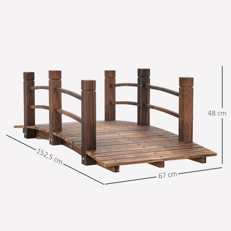 Outsunny Ponte de Jardim de Madeira com Corrimão Ponte Decorativa para Pátio 152,5x67x48 cm Madeira Carbonizada