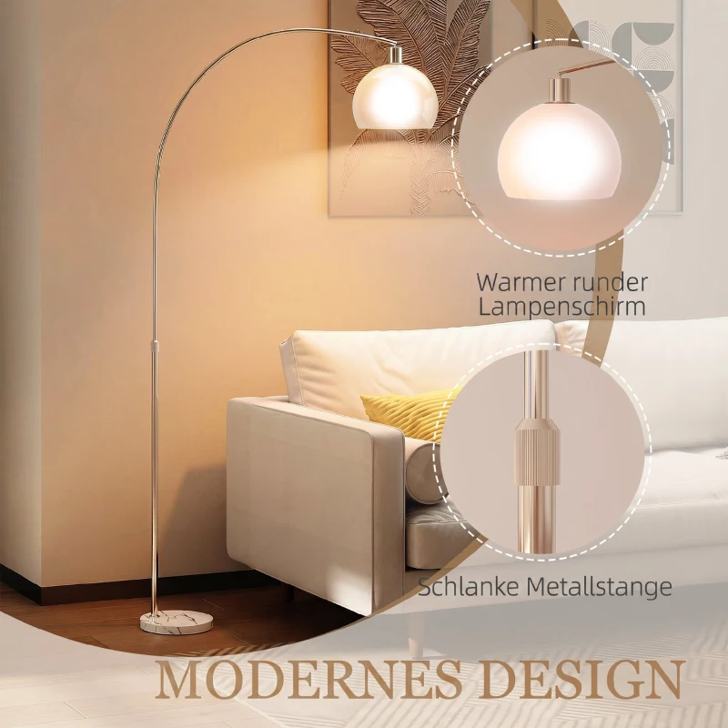 HOMCOM Stehlampe, gebogener Kopf, Fußschalter, Marmorsockel, Kunststoffschirm, Weiß