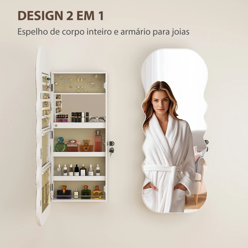 HOMCOM Espelho-Joalheiro com Luz LED Montado na Parede ou na Porta com Fechadura, Espelho de Corpo Inteiro Branco