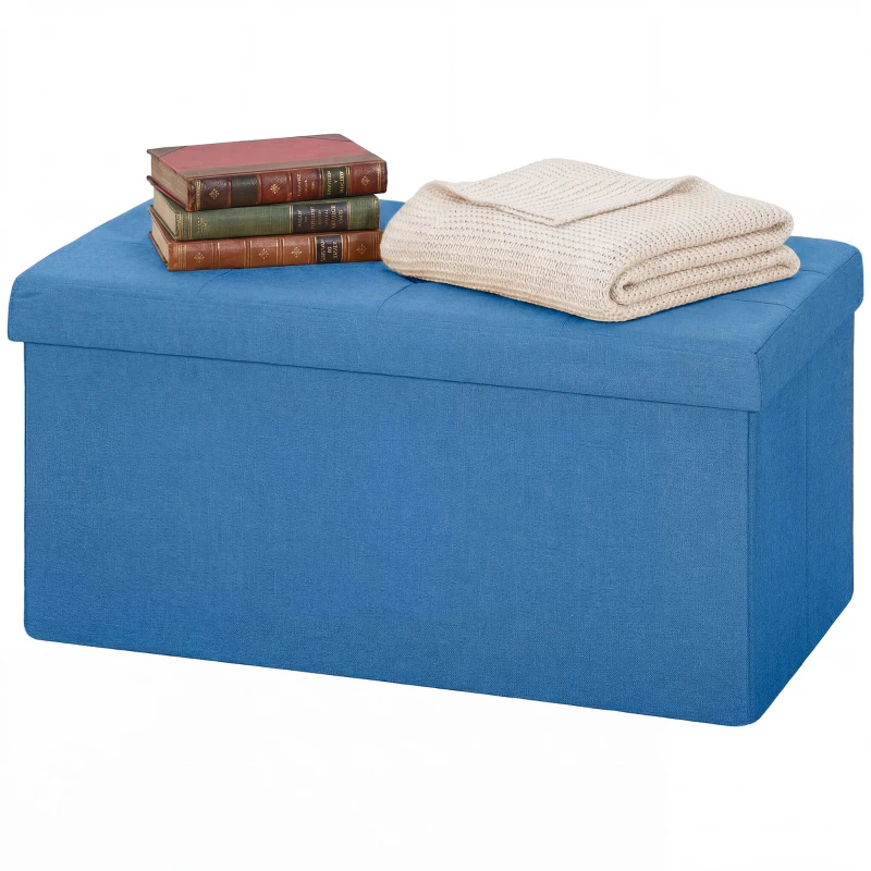 HOMCOM Puff de Armazenamento Banco de Armazenamento Dobrável 84 L 76x38x38 cm Estofado em Linho Sintético Azul Claro
