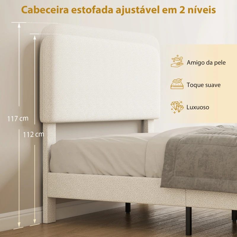 HOMCOM Estrutura de Cama Dupla com Cabeceira Ajustável em Altura Estofada em Tecido Macio com Ripas de Madeira Branco