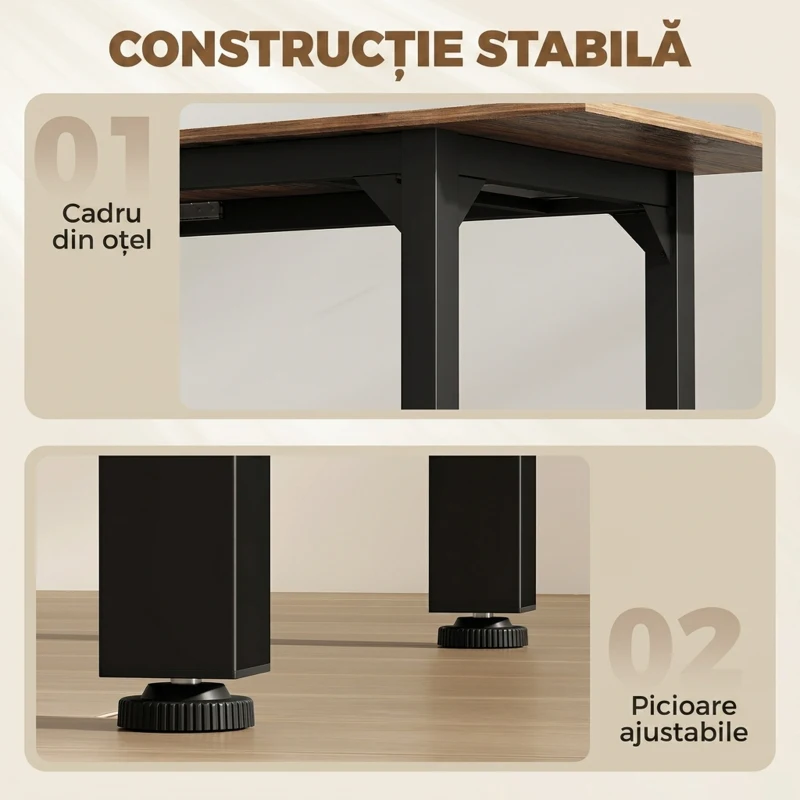 HOMCOM Set masă dining masă extensibilă 120-160 cm și 6 scaune, picioare din oțel, PAL, living, bucătărie, maro si negru