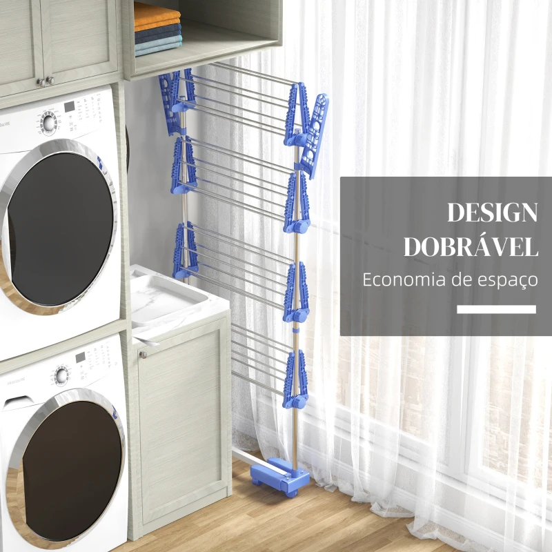 HOMCOM Estendal Vertical Dobrável de 4 Níveis com 6 Rodas 2 Laterais Dobráveis Prateleiras Ajustáveis 142x55x172 cm Azul