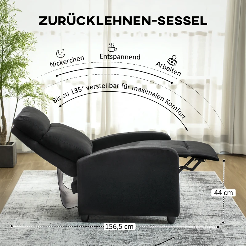 HOMCOM Relaxsessel, verstellbar 135°, ausziehbare Fußstütze, gepolsterte Lehnen, Leinen-Polyester, Schwarz(m-4)