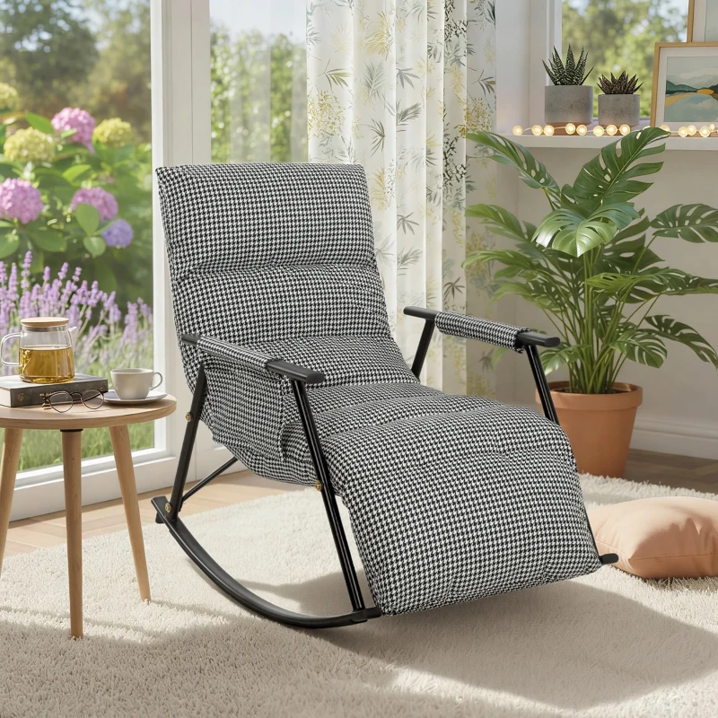 HOMCOM Poltrona Baloiço com Encosto e Apoia-Pés Ajustáveis 105° Estofada em Linho com Bolso Lateral e Estrutura de Metal Preto e Branco