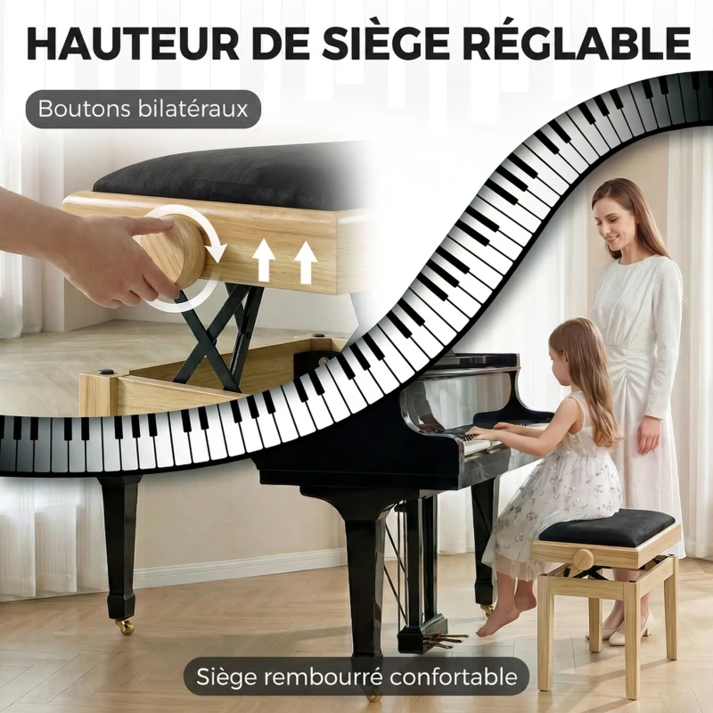HOMCOM Banc de Piano, Tabouret Piano Réglable en Hauteur 45-56 cm, Banc de Clavier, Siège Rembourré en Velours, Bois Naturel