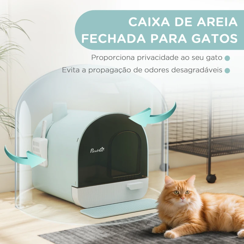 PawHut Caixa de Areia para Gatos Caixa de Areia Fechada para Gatos com Porta Dianteira Bandeja Removível Pá Tapete e Filtro 43x44x47cm Verde