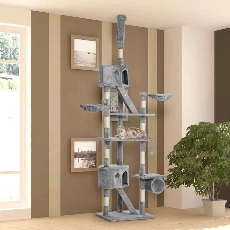 PawHut Arbre à chat du sol au plafond, tour à chat réglable en hauteur de 240-260 cm à plusieurs niveaux, gris clair