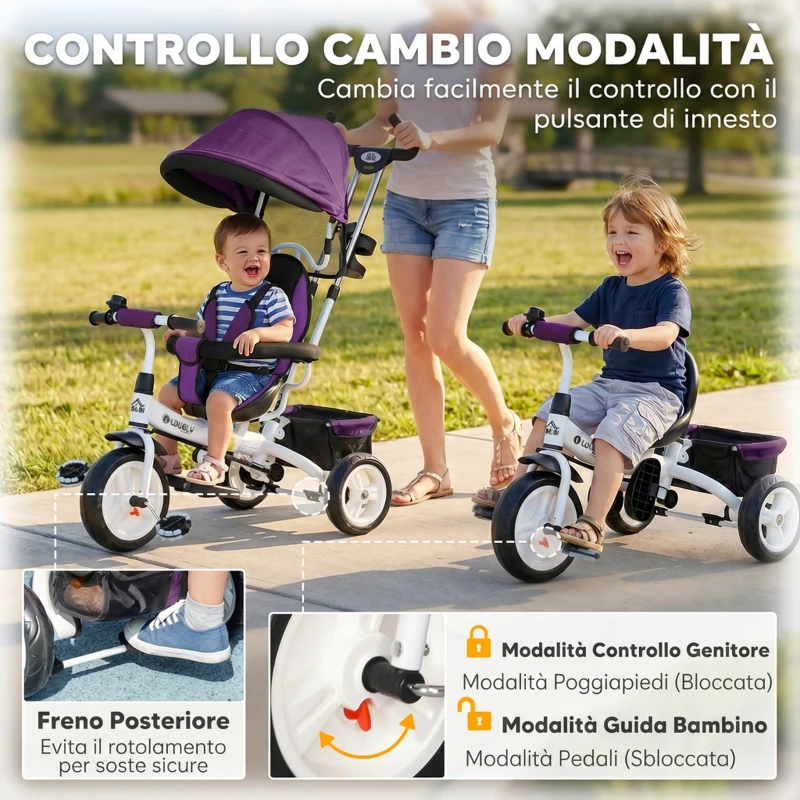 HOMCOM Triciclo per Bambini con Maniglione 6 in 1, Tettuccio Regolabile e Cintura di Sicurezza, Età 1-5 Anni, Viola