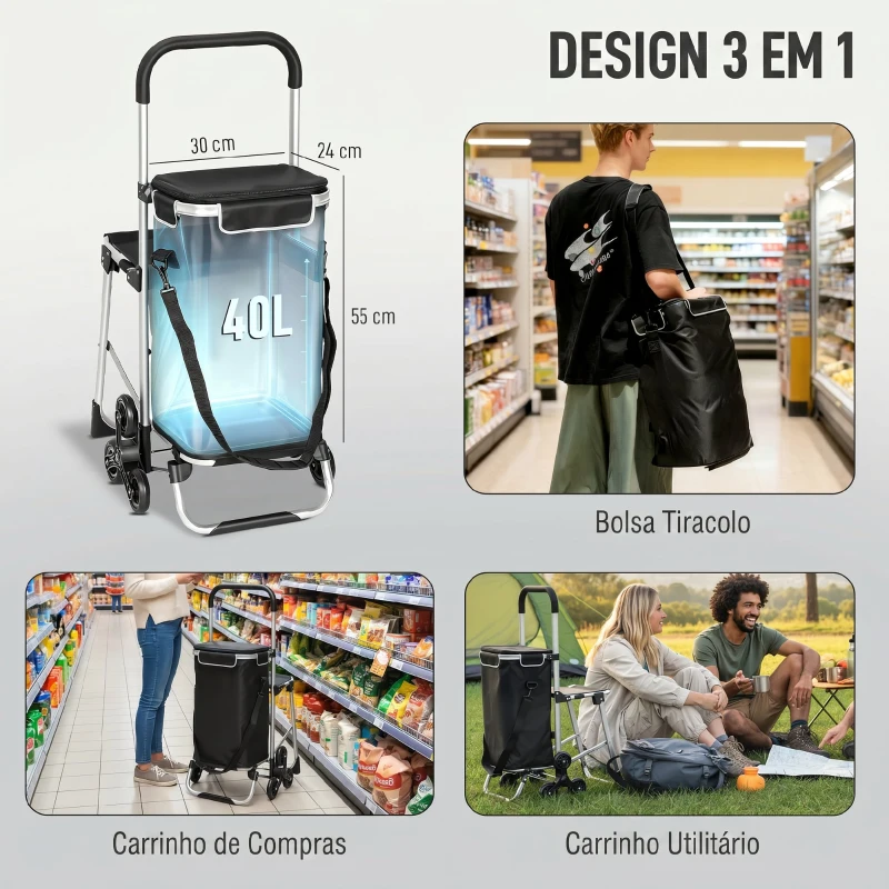 HOMCOM Carrinho de Compras Dobrável 3 em 1, 40 L, Alumínio, com Assento Rebatível, Saco Térmico, 6 Rodas e Pega Ajustável, Preto