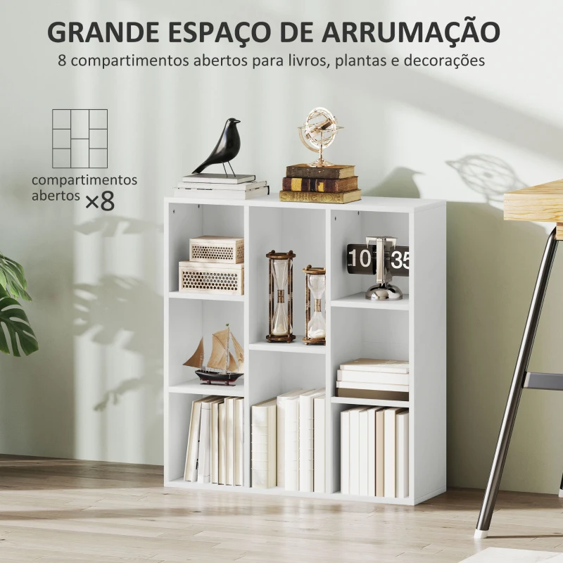 HOMCOM Estante de 3 Níveis Estante para Livros com 8 Compartimentos Desenho Vertical ou Horizontal 74,3x24x80 cm Branco