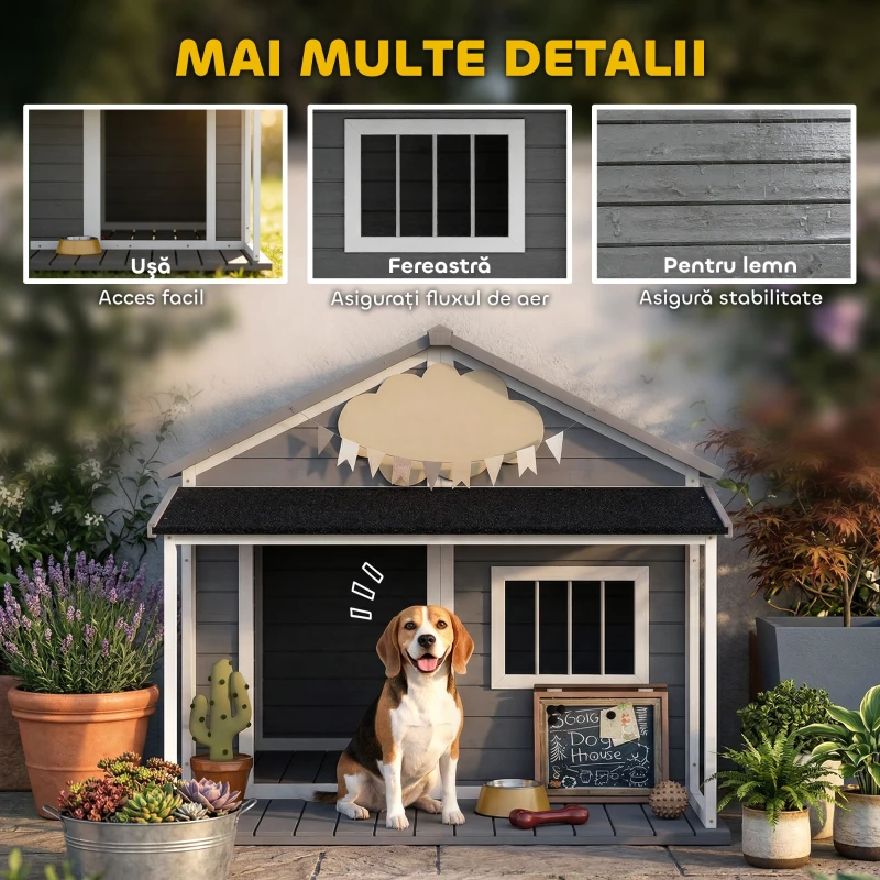 PawHut Cușcă pentru câini de exterior cu terasă, fereastră și acoperiș impermeabil, 124x112x105cm, gri
