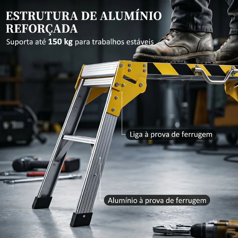 HOMCOM Banco de Trabalho Antiderrapante Suporte de Ferramentas Dobrável em Alumínio com Pega 150 kg 110x32x50 cm Preto