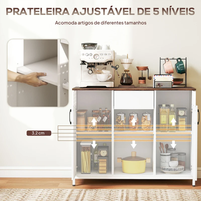 HOMCOM Aparador de 2 Portas com Orifícios 2 Compartimentos e Gaveta Prateleiras Ajustáveis 100x40x80 cm Branco e Castanho Rústico