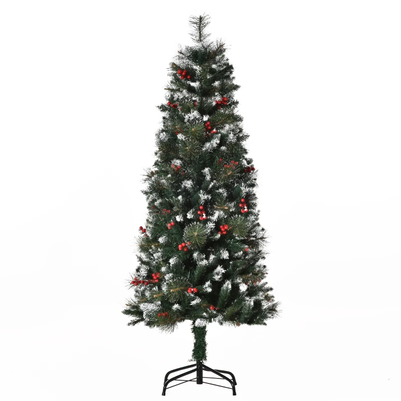 HOMCOM Árvore de Natal Artificial 150cm Ignífugo com 360 Ramos 38 Bagas Folhas de PVC Base Dobrável e Suporte Metálico Verde