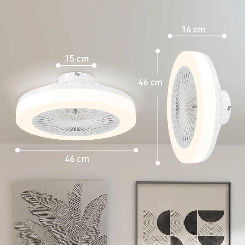 HOMCOM Ventilator de Tavan cu Lumină LED Reglabilă, Telecomandă, Timer, 6 Viteze și Flux Reversibil, Ventilator din Plastic și Acrilic, Ø46x16 cm, Alb