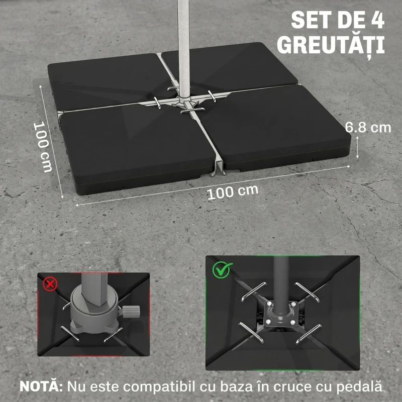 Outsunny Bază pentru Umbrelă din 4 Piese Reumplibilă cu Apă sau Nisip și Cârlige de Conexiune, Negru