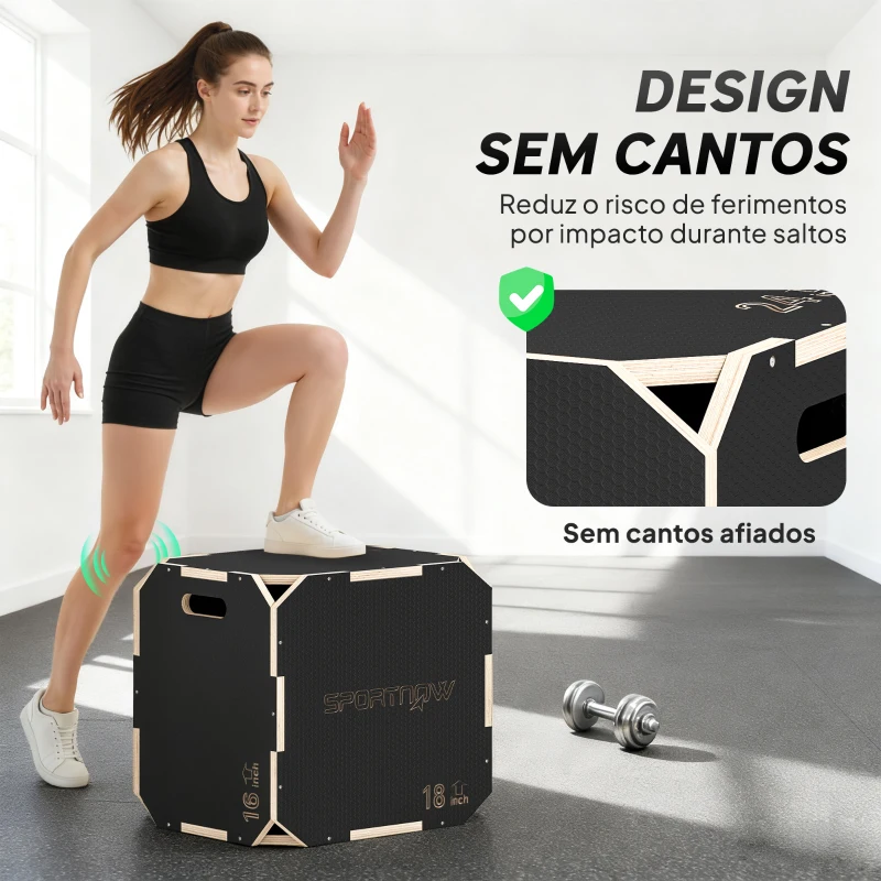 SPORTNOW Caixa Pliométrica de Madeira com 3 Alturas Diferentes para Treino de Salto Força em Casa Ginásio e Exterior 51x47,5x40,5 cm Preto
