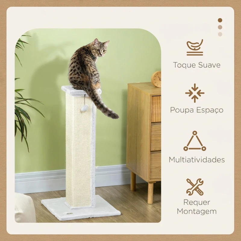 PawHut Poste Arranhador para Gatos 81 cm com Sisal e Bola Suspensa, 41x41x81 cm, Branco