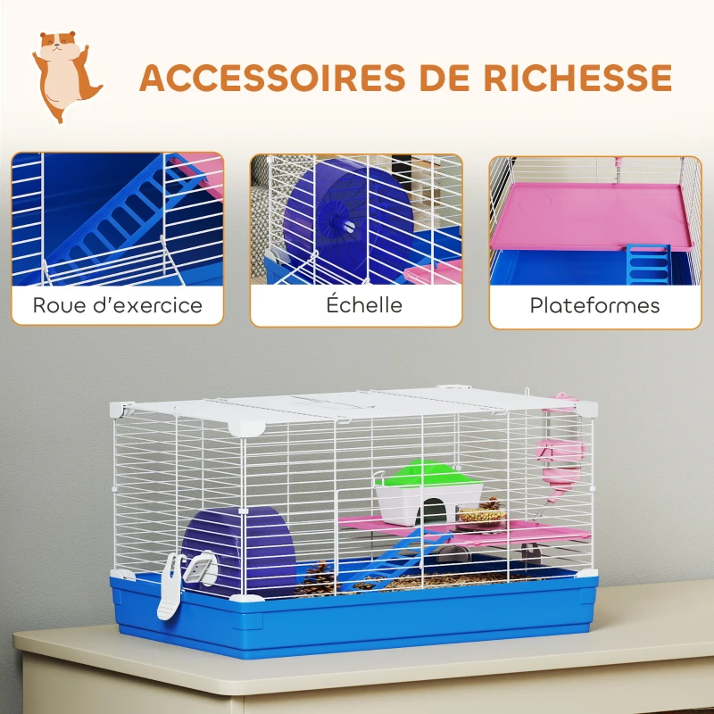 PawHut Cage Hamster, Cage Rongeur à 2 Niveaux, Base Amovible pour Nettoyage Facile, Cabane, Roue d'Exercice, 47x30x27cm, Bleu